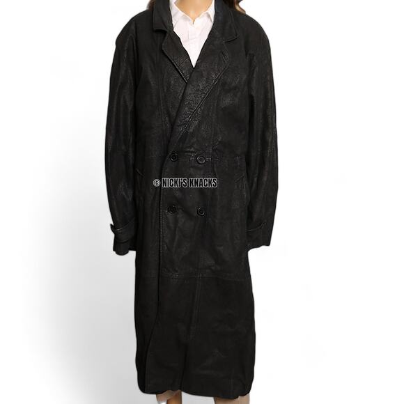 Vintage Pelle Cuir Black Embossed 100% Leather Trench Coat Shoulder Pads Size L - Picture 4 of 16